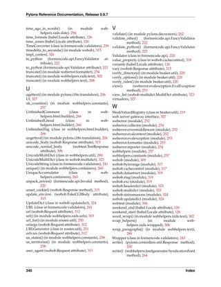 Pylons Reference Documentation, Release 0.9.7


time_ago_in_words()        (in    module        web-    V
         helpers.rails.date), 294                       validate() (in module pylons.decorators), 202
time_formats (babel.Locale attribute), 126              validate_other()      (formencode.api.FancyValidator
time_zones (babel.Locale attribute), 126                          method), 222
TimeConverter (class in formencode.validators), 239     validate_python() (formencode.api.FancyValidator
timedelta_to_seconds() (in module webob), 315                     method), 222
tmpl_context, 326                                       Validator (class in formencode.api), 220
to_python      (formencode.api.FancyValidator     at-   value_property (class in webob.cachecontrol), 318
         tribute), 222                                  variants (babel.Locale attribute), 126
to_python (formencode.api.Validator attribute), 221     vary (webob.Response attribute), 315
truncate() (in module weberror.formatter), 254          verify_directory() (in module beaker.util), 220
truncate() (in module webhelpers.rails.text), 302       verify_options() (in module beaker.util), 220
truncate() (in module webhelpers.text), 288             verify_rules() (in module beaker.util), 220
                                                        view()        (weberror.evalexception.EvalException
U                                                                 method), 253
ugettext() (in module pylons.i18n.translation), 206     view_list (webob.multidict.MultiDict attribute), 323
UI, 327                                                 virtualenv, 327
uk_counties() (in module webhelpers.constants),
          257                                           W
UnﬁnishedComment             (class      in      web-   WeakValuedRegistry (class in beaker.util), 219
          helpers.html.builder), 266                    web server gateway interface, 327
UnﬁnishedLiteral          (class        in       web-   weberror (module), 252
          helpers.html.builder), 266                    weberror.collector (module), 254
UnﬁnishedTag (class in webhelpers.html.builder),        weberror.errormiddleware (module), 252
          266                                           weberror.evalcontext (module), 252
ungettext() (in module pylons.i18n.translation), 206    weberror.evalexception (module), 253
unicode_body (webob.Response attribute), 315            weberror.formatter (module), 253
unicode_normal_body             (webtest.TestResponse   weberror.reporter (module), 254
          attribute), 308                               webhelpers (module), 257
UnicodeMultiDict (class in webhelpers.util), 290        webhelpers.constants (module), 257
UnicodeMultiDict (class in webob.multidict), 323        webob (module), 309
UnicodeString (class in formencode.validators), 241     webob.byterange (module), 317
unique() (in module webhelpers.containers), 260         webob.cachecontrol (module), 317
UniqueAccumulator           (class       in      web-   webob.datastruct (module), 319
          helpers.containers), 260                      webob.etag (module), 319
unpack_errors() (formencode.api.Invalid method),        webob.exc (module), 319
          220                                           webob.headerdict (module), 323
unset_cookie() (webob.Response method), 315             webob.multidict (module), 323
update_environ (webob.FakeCGIBody attribute),           webob.statusreasons (module), 324
          315                                           webob.updatedict (module), 324
UpdateDict (class in webob.updatedict), 324             webtest (module), 306
URL (class in formencode.validators), 241               weekend_end (babel.Locale attribute), 126
url (webob.Request attribute), 312                      weekend_start (babel.Locale attribute), 126
url() (in module webhelpers.rails.urls), 303            word_wrap() (in module webhelpers.rails.text), 302
url_for() (in module routes.util), 250                  wrap_helpers()         (in       module        web-
urlargs (webob.Request attribute), 312                           helpers.rails.wrapped), 306
URLGenerator (class in routes.util), 251                wrap_paragraphs() (in module webhelpers.text),
urlvars (webob.Request attribute), 312                           289
us_states() (in module webhelpers.constants), 258       Wrapper (class in formencode.validators), 243
us_territories() (in module webhelpers.constants),      write() (pylons.controllers.util.Response method),
          258                                                    200
user_agent (webob.Request attribute), 313               write() (webhelpers.feedgenerator.SyndicationFeed
                                                                 method), 264



340                                                                                                   Index
 