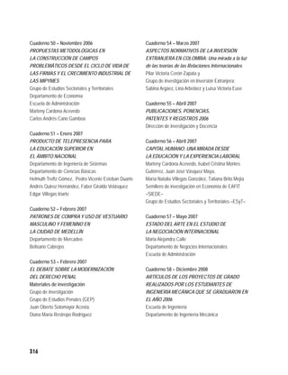 Cuaderno 50 – Noviembre 2006                         Cuaderno 54 – Marzo 2007
PROPUESTAS METODOLÓGICAS EN                          ASPECTOS NORMATIVOS DE LA INVERSIÓN
LA CONSTRUCCIÓN DE CAMPOS                            EXTRANJERA EN COLOMBIA: Una mirada a la luz
PROBLEMÁTICOS DESDE EL CICLO DE VIDA DE              de las teorías de las Relaciones Internacionales
LAS FIRMAS Y EL CRECIMIENTO INDUSTRIAL DE            Pilar Victoria Cerón Zapata y
LAS MIPYMES                                          Grupo de investigación en Inversión Extranjera:
Grupo de Estudios Sectoriales y Territoriales        Sabina Argáez, Lina Arbeláez y Luisa Victoria Euse
Departamento de Economía
Escuela de Administración                            Cuaderno 55 – Abril 2007
Marleny Cardona Acevedo                              PUBLICACIONES, PONENCIAS,
Carlos Andrés Cano Gamboa                            PATENTES Y REGISTROS 2006
                                                     Dirección de investigación y Docencia
Cuaderno 51 – Enero 2007
PRODUCTO DE TELEPRESENCIA PARA                       Cuaderno 56 – Abril 2007
LA EDUCACIÓN SUPERIOR EN                             CAPITAL HUMANO: UNA MIRADA DESDE
EL ÁMBITO NACIONAL                                   LA EDUCACIÓN Y LA EXPERIENCIA LABORAL
Departamento de Ingeniería de Sistemas               Marleny Cardona Acevedo, Isabel Cristina Montes
Departamento de Ciencias Básicas                     Gutiérrez, Juan José Vásquez Maya,
Helmuth Treftz Gómez, Pedro Vicente Esteban Duarte   María Natalia Villegas González, Tatiana Brito Mejía
Andrés Quiroz Hernández, Faber Giraldo Velásquez     Semillero de investigación en Economía de EAFIT
Edgar Villegas Iriarte                               –SIEDE–
                                                     Grupo de Estudios Sectoriales y Territoriales –ESyT–
Cuaderno 52 – Febrero 2007
PATRONES DE COMPRA Y USO DE VESTUARIO                Cuaderno 57 – Mayo 2007
MASCULINO Y FEMENINO EN                              ESTADO DEL ARTE EN EL ESTUDIO DE
LA CIUDAD DE MEDELLÍN                                LA NEGOCIACIÓN INTERNACIONAL
Departamento de Mercadeo                             Maria Alejandra Calle
Belisario Cabrejos                                   Departamento de Negocios Internacionales
                                                     Escuela de Administración
Cuaderno 53 – Febrero 2007
EL DEBATE SOBRE LA MODERNIZACIÓN                     Cuaderno 58 – Diciembre 2008
DEL DERECHO PENAL                                    ARTÍCULOS DE LOS PROYECTOS DE GRADO
Materiales de investigación                          REALIZADOS POR LOS ESTUDIANTES DE
Grupo de investigación                               INGENIERÍA MECÁNICA QUE SE GRADUARON EN
Grupo de Estudios Penales (GEP)                      EL AÑO 2006
Juan Oberto Sotomayor Acosta,                        Escuela de Ingeniería
Diana María Restrepo Rodríguez                       Departamento de Ingeniería Mecánica




316
 