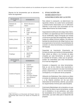 Artículos de Proyectos de Grado realizados por los estudiantes de Ingeniería de Sistemas - semestres 2008-1, 2008-2 y 2009-1



Algunas de las herramientas que se obtuvieron                   4. EVALUACIÓN DE
fueron las siguientes3:                                            HERRAMIENTAS Y
                                                                   CONSTRUCCIÓN DE LA SUITE
   DISCIPLINA DE                 HERRAMIENTA
        RUP                                                     Para obtener la evaluación, se determinaron los
                                                                siguientes criterios, los cuales fueron ponderados
 Modelado del            •   INTALIO (Basada en
                                                                y posteriormente relacionados con la caliﬁcación
 Negocio                     Eclipse)
                                                                obtenida, lo que arrojo unos porcentajes con los
                             •    OSRMT                         cuales determinamos las Suites ﬁnales:
                             •    DRES
 Requerimientos                                                 Capacidad de modiﬁcación del código: Este criterio,
                             •    Eclipse XML based
                                  SRS                           se reﬁere a la capacidad que tiene la herramienta
                                                                de ser modiﬁcable, según el lenguaje que maneja
                             •    Argo UML                      y la forma en que haya sido programada, según los
 Análisis y Diseño           •    Star UML                      niveles de calidad mínimos exigidos. Se evalúa la
                             •    UMLet                         facilidad de entendimiento del código fuente en que
                             •    Mono UML                      es programada la herramienta, las posibilidades de
                                                                conexión con otras herramientas y la manipulación
                             •    Eclipse IDE                   del lenguaje.
 Implementación              •    Netbeans
                             •    Jitsu                         Capacidad de Importación /Exportación de
                                                                formatos de datos para facilitar la Interoperabilidad:
                             •    Apache Ant
 Despliegue                                                     Este criterio se reﬁere a los formatos de datos
                             •    Portage
                                                                arrojados por cada herramienta, se evalúa que
                             •    Maven
                                                                la cantidad de formatos y datos que se generan,
   DISCIPLINA DE                                                puedan ser entendibles para otras herramientas
                                 HERRAMIENTA
        RUP                                                     en el nivel de integración.

                             •    Gantt PV                      Conexión e integración con otras herramientas:
                             •    Gantt Project                 Este es uno de los criterios más importantes e
                             •    DotProject                    ideales, para la evaluación de estas herramientas
                             •    AgileTrack                    porque proporciona un nivel de sincronicidad y
                             •    ToDoList                      convergencia, en la ejecución de los proyectos.
 Gestión de Proyectos        •    Clocking IT
                             •    FVE Project Manager
                                                                Utilización de Estándares: Este criterios se reﬁere
                             •    Open Workbench
                                                                al empleo de estándares de ingeniería de software
                             •    Xplanner
                                                                y a las mejores practicas con las que estén
                             •    Trac
                                                                elaboradas las herramientas, además, que posean
                             •    NetOfﬁce
                                                                los requerimientos mínimos para cada disciplina.
 Ambiente                    •    Althova Authentic
                                                                Cubrimiento Metodológico de la disciplina a la que
                                                                Pertenece: Se reﬁere a que la herramienta, cumpla
                                                                con la disciplina a la que pertenece, que cubra
                                                                las necesidades de la misma y posea elementos
3 Más información en el Documento del Proyecto “Suite de
Herramientas Open Source que Apoyan las Disciplinas de
                                                                adicionales, que sean útiles para el desarrollo del
RUP”.                                                           proyecto.



104
 