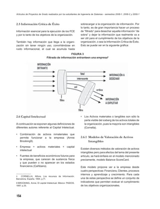Artículos de Proyectos de Grado realizados por los estudiantes de Ingeniería de Sistemas - semestres 2008-1, 2008-2 y 2009-1



2.5 Información Crítica de Éxito                                sobrecargar a la organización de información. Por
                                                                lo tanto, es de gran importancia hacer un proceso
Información esencial para la ejecución de los FCE               de “ﬁltrado” para desechar aquella información “de
y por lo tanto de los objetivos de la organización.             sobra” y dejar la información que realmente va a
                                                                ser útil para el cumplimiento de los objetivos de la
También hay información que llega a la organi-                  organización, o sea la Información Crítica de Éxito.
zación sin tener ningún uso, convirtiéndose en                  Esto se puede ver en la siguiente gráﬁca:
ruido informacional, el cual se acumula hasta
                                                 FIGURA 3
                              Filtrado de información entranteen una empresa8




2.6 Capital Intelectual                                         •   Los Activos materiales o tangibles son sólo la
                                                                    parte visible del iceberg de los activos totales de
A continuación se exponen algunas deﬁniciones de                    la organización, pues la mayoría son intangibles
diferentes autores referente al Capital Intelectual.                (Cornella).

•   Combinación de activos inmateriales que
    permite funcionar a la empresa (Annie                       2.6.1 Modelos de Valoración de Activos
    Brooking9).                                                       Intangibles
•   Empresa =       activos    materiales     +   capital
                                                                Existen diversos métodos de valoración de activos
    intelectual
                                                                intangibles pero para efectos del tema del presente
•   Fuentes de beneﬁcios económicos futuros para                articulo, se hará énfasis en el modelo mencionado
    la empresa, que carecen de sustancia física                 previamente, modelo Balance ScoreCard.
    y que pueden o no aparecer en los estados
    ﬁnancieros (Cañibano).                                      Este modelo propone ver a la empresa desde
                                                                cuatro perspectivas: Financiera, Clientes, procesos
                                                                internos y aprendizaje y crecimiento. Para cada
8   CORNELLA, Alfons. Los recursos de Información.
Barcelona, España. 1994. p.71.                                  una de estas perspectiva se deﬁne un conjunto de
9 BROOKING, Annie. El capital Intelectual. México: PAIDOS.
                                                                indicadores que permiten evaluar el cumplimiento
1997. p.25.                                                     de los objetivos organizacionales.



156
 
