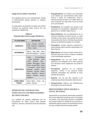 Cuaderno de Investigación No. 76



PAQUETES OPEN SOURCE                                •   Evangelizadores: son líderes que transmiten
                                                        a los demás sus conocimientos sobre Open
Son aquellos que por sus características, directa       Source a través de conferencias, libros y
o indirectamente podrían generar un Sistema             artículos escritos por ellos, los cuales tienen un
Empresarial.                                            valor comercial. En este caso lo que se vende
                                                        es el conocimiento.
A continuación se presenta una tabla que permite
                                                    •   Instaladores: son aquellos que apoyan a las
visualizar los paquetes Open Source con sus
                                                        empresas en la instalación, adaptación e inte-
respectivas Plataformas.
                                                        gración de un software Open Source.

                TABLA 2                             •   Desarrolladores: son los fabricadores de un
  Paquetes Open Source según Plataforma                 producto especíﬁco de Open Source, su valor
                                                        consiste en que tienen una posición de únicos
   PLATAFORMA               DEFINICIÓN                  conocedores del mismo. Este tipo de productos
                                                        propios son llamados software a la medida.
                     Linux - Apache - MySQL -
    GENÉRICA         PHP - Asterisk - Postgresql    •   Consultoría: brindan asesoría profesional y
                                                        personalizada sobre asuntos relacionados con
                     - Ruby - Squid
                                                        Open Source.
                     JBoss - Argo UML - Mog-
   INTERMEDIA                                       •   Mejoradores: son los que sobre la base de un
                     Wai ER Designer - Eclipse
                                                        producto hecho por otros, lo mejoran o adaptan
                                                        a las necesidades requeridas.
                     Intalio - ProcessMaker
                     - Open Xchange - Orfe-         •   Integradores: son los que toman varios
                     oGPL - Alfresco - SQL -            productos y los integran en un único producto
                     Ledger - Bulmages - Open           que resuelven varios obstáculos que posee el
                     Bravo - SugarCRM - vTiger          usuario.
                     - Compiere - Open Ticket
   ESPECÍFICA        Request System (ITIL)          •   Formadores: expertos en un producto
                     Pentaho - Joomla - Virtue-         especíﬁco, forman a los usuarios ﬁnales
                     Mart - GanttPV - OpenX-            mediante actividades que permitan el buen
                     pertya - Moodle - Knowl-           manejo del producto.
                     edgetree                       •   Soporte: son los que dan soporte a las
                                                        empresas que tienen productos Open Source.
  COMPLEMEN-         Open Ofﬁce - Gimp - Ink-
    TARIAS           space - Bacula                 •   Infraestructura: Ofrecen una infraestructura
                                                        tecnológica que les da soporte.

                                                    PROVEEDORES OPEN SOURCE A
MODELOS DE NEGOCIO MÁS
                                                    NIVEL MUNDIAL
COMUNES EN LOS PROVEEDORES
DE OPEN SOURCE                                      Actualmente se encuentran distribuidas alrededor
                                                    del mundo diferentes empresas que se encargan
Los modelos de negocio empleados por los            se proveer y dar soluciones técnicas a entidades
proveedores de Open Source para generar             que buscan mejorar la calidad de sus servicios, e
ingresos, recursos y beneﬁcios para las empresas    igualmente adquirir nuevos conocimientos en torno
son:                                                a lo que el Open Source les puede facilitar.



                                                                                                        187
 