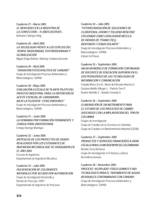 Cuaderno 27 – Marzo 2005                        Cuaderno 34 – Julio 2005
EL MERCADEO EN LA INDUSTRIA DE                  “FOTODEGRADACIÓN DE SOLUCIONES DE
LA CONFECCIÓN – 15 AÑOS DESPUÉS -               CLOROFENOL-CROMO Y TOLUENO-BENCENO
Belisario Cabrejos Doig                         UTILIZANDO COMO CATALIZADOR MEZCLA
                                                DE DIÓXIDO DE TITANIO (TiO2),
Cuaderno 28 – Abril 2005                        BENTONITA Y CENIZA VOLANTE”
LA SOCIOLOGÍA FRENTE A LOS ESPEJOS DEL          Grupo de investigación Procesos Ambientales y
TIEMPO: MODERNIDAD, POSTMODERNIDAD Y            Biotecnológicos -GIPAB-
GLOBALIZACIÓN                                   Edison Gil Pavas
Miguel Ángel Beltrán, Marleny Cardona Acevedo
                                                Cuaderno 35 – Septiembre 2005
Cuaderno 29 – Abril 2005
                                                HACIA UN MODELO DE FORMACIÓN CONTINUADA
“OXIDACIÓN FOTOCATALÍTICA DE CIANURO”
                                                DE DOCENTES DE EDUCACIÓN SUPERIOR EN EL
Grupo de investigación Procesos Ambientales y
                                                USO PEDAGÓGICO DE LAS TECNOLOGÍAS DE
Biotecnológicos -GIPAB-
                                                INFORMACIÓN Y COMUNICACIÓN
Cuaderno 30 – Mayo 2005                         Claudia María Zea R., María del Rosario Atuesta V.,
EVALUACIÓN A ESCALA DE PLANTA PILOTO DEL        Gustavo Adolfo Villegas L., Patricia Toro P.,
PROCESO INDUSTRIAL PARA LA OBTENCIÓN DE         Beatriz Nicholls E., Natalia Foronda V.
ACEITE ESENCIAL DE CARDAMOMO,
BAJO LA FILOSOFÍA “CERO EMISIONES”              Cuaderno 36 – Septiembre 2005
Grupo de investigación Procesos Ambientales y   ELABORACIÓN DE UN INSTRUMENTO PARA
Biotecnológicos -GIPAB-                         EL ESTUDIO DE LOS PROCESOS DE CAMBIO
                                                ASOCIADOS CON LA IMPLANTACIÓN DEL TPM EN
Cuaderno 31 – Junio 2005                        COLOMBIA
LA DEMANDA POR FORMACIÓN PERMANENTE Y           Grupos de investigación:
CONSULTORÍA UNIVERSITARIA                       Grupo de Estudios de la Gerencia en Colombia
Enrique Barriga Manrique                        Grupo de Estudios en Mantenimiento Industrial (GEMI)

Cuaderno 32 – Junio 2005
                                                Cuaderno 37 – Septiembre 2005
ARTÍCULOS DE LOS PROYECTOS DE GRADO
                                                PRODUCTOS Y SERVICIOS FINANCIEROS A GRAN
REALIZADOS POR LOS ESTUDIANTES DE
                                                ESCALA PARA LA MICROEMPRESA COLOMBIANA
INGENIERÍA MECÁNICA QUE SE GRADUARON EN
                                                Nicolás Ossa Betancur
EL AÑO 2004
                                                Grupo de investigación en Finanzas y Banca
Escuela de Ingeniería
Departamento de Ingeniería Mecánica             Área Microﬁnanzas

Cuaderno 33 – Julio 2005                        Cuaderno 38 – Noviembre 2005
PULVERIZACIÓN DE COLORANTES                     PROCESO “ACOPLADO” FÍSICO-QUÍMICO Y BIO-
NATURALES POR SECADO POR AUTOMIZACIÓN           TECNOLÓGICO PARA EL TRATAMIENTO DE AGUAS
Grupo de investigación Desarrollo y             RESIDUALES CONTAMINADAS CON CIANURO
Diseño de Procesos -DDP-                        Grupo de investigación Procesos Ambientales y
Departamento de Ingeniería de Procesos          Biotecnológicos -GIPAB-


314
 