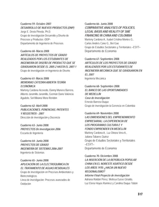Cuaderno 59- Octubre 2007                            Cuaderno 66- Junio 2008
DESARROLLO DE NUEVOS PRODUCTOS (DNP)                 COMPARATIVE ANALYSES OF POLICIES,
Jorge E. Devia Pineda, Ph.D.                         LEGAL BASIS AND REALITY OF SME
Grupo de investigación Desarrollo y Diseño de        FINANCING IN CHINA AND COLOMBIA
Procesos y Productos -DDP-                           Marleny Cardona A., Isabel Cristina Montes G.,
Departamento de Ingeniería de Procesos               Carlos Andrés Cano G., Bei Gao
                                                     Grupo de Estudios Sectoriales y Territoriales –ESYT–
Cuaderno 60- Marzo 2008                              Departamento de Economía
ARTÍCULOS DE PROYECTOS DE GRADO
REALIZADOS POR LOS ESTUDIANTES DE                    Cuaderno 67- Septiembre 2008
INGENIERÍA DE DISEÑO DE PRODUCTO QUE SE              ARTÍCULOS DE LOS PROYECTOS DE GRADO
GRADUARON DESDE EL 2005-2 HASTA EL 2007-1            REALIZADOS POR LOS ESTUDIANTES DE
Grupo de investigación en Ingeniería de Diseño       INGENIERÍA MECÁNICA QUE SE GRADUARON EN
                                                     EL 2007
Cuaderno 61- Marzo 2008                              Ingeniería Mecánica
MEMORIAS CÁTEDRA ABIERTA TEORÍA
ECONÓMICA                                            Cuaderno 68- Septiembre 2008
Marleny Cardona Acevedo, Danny Múnera Barrera,       EL BANCO DE LAS OPORTUNIDADES
Alberto Jaramillo Jaramillo, Germán Darío Valencia   DE MEDELLÍN
Agudelo, Sol Bibiana Mora Rendón                     Caso de investigación
                                                     Ernesto Barrera Duque
Cuaderno 62- Abril 2008                              Grupo de investigación la Gerencia en Colombia
PUBLICACIONES, PONENCIAS, PATENTES
Y REGISTROS - 2007                                   Cuaderno 69- Noviembre 2008
Dirección de investigación y Docencia                LAS DIMENSIONES DEL EMPRENDIMIENTO
                                                     EMPRESARIAL: LA EXPERIENCIA DE
Cuaderno 63- Junio 2008                              LOS PROGRAMAS CULTURA E Y
PROYECTOS De investigación 2006                      FONDO EMPRENDER EN MEDELLÍN
Escuela de Ingeniería                                Marleny Cardona A., Luz Dinora Vera A.,
                                                     Juliana Tabares Quiroz
Cuaderno 64- Junio 2008                              Grupo de Estudios Sectoriales y Territoriales
PROYECTOS DE GRADO                                   –ESYT–
INGENIERÍA DE SISTEMAS 2006-2007                     Departamento de Economía
Ingeniería de Sistemas
                                                     Cuaderno 70- Diciembre 2008
Cuaderno 65- Junio 2008                              LA INSERCIÓN DE LA REPÚBLICA POPULAR
APLICACIÓN DE LA ELECTROQUÍMICA EN                   CHINA EN EL NORESTE ASIÁTICO DESDE
EL TRATAMIENTO DE AGUAS RESIDUALES                   LOS AÑOS 1970: ¿HACIA UN NUEVO
Grupo de investigación en Procesos Ambientales y     REGIONALISMO?
Biotecnológicos                                      Informe Final Proyecto de investigación
Línea de investigación: Procesos avanzados de        Adriana Roldán Pérez, Melissa Eusse Giraldo,
Oxidación                                            Luz Elena Hoyos Ramírez y Carolina Duque Tobón


                                                                                                      317
 