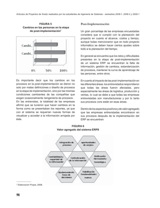 Artículos de Proyectos de Grado realizados por los estudiantes de Ingeniería de Sistemas - semestres 2008-1, 2008-2 y 2009-1



                  FIGURA 5                                      Post-Implementación
      Cambios en las personas en la etapa
          de post-implementación7                               Un gran porcentaje de las empresas encuestadas
                                                                considera que si cumplió con la planeación del
                                                                proyecto en cuanto al alcance, costos y tiempo,
                                                                aunque todas mencionaron que en todo proyecto
                                                                informático se deben hacer ciertos ajustes sobre
                                                                todo a la planeación del tiempo.

                                                                En general se encuentra que los retos y diﬁcultades
                                                                presentes en la etapa de post-implementación
                                                                de un sistema ERP se encuentran la falta de
                                                                información, gestión de cambios, estandarización
                                                                de procesos, mantener la curva de aprendizaje de
                                                                las personas, entre otros.

Es importante decir que los cambios en los                      En cuanto al impacto de las post-implementación en
procesos en la post-implementación se dieron no                 las diferentes áreas, los entrevistados respondieron
solo por malas deﬁniciones o diseño de procesos                 que todas las áreas fueron afectadas, pero
en la etapa de implementación, sino por las mismas              especialmente las áreas de logística, producción y
condiciones cambiantes de las compañías que                     ventas, lo cual se debe a que todas las empresas
exigen ocasionalmente reingeniería de procesos .                entrevistadas son manufactureras y por lo tanto
En las entrevistas, la totalidad de las empresas                sus procesos core están en esas áreas.
aﬁrmó que se tuvieron que hacer cambios en la
forma como se presentaban los reportes, ya que                  Dentro de los aspectos positivos y de valor agregado
con el sistema se requerían nuevas formas de                    que las empresas entrevistadas encontraron en
visualizar y acceder a la información arrojada por              sus procesos después de la implementación del
éste.                                                           ERP se encuentran:

                                                   FIGURA 6
                                        Valor agregado del sistema ERP8




7 Elaboración Propia, 2008.




98
 