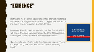 “EXIGENCE”
Definition: The event or occurrence that prompts rhetorical
discourse; the exigence is that which begins the “cycle” of
rhetorical discourse about a particular issue.
Example: A hurricane is en route to the Gulf Coast, which
will cause flooding. In preparation, the Coast Guard issues
warnings to those who have boats near the coast.
Questions to ask: What made this discourse happen? What
is it responding to? What kind of response is it inviting
back?
 