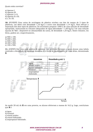 Professora Sonia
www.quimicaparaovestibular.com.br
contatoqpv@gmail.com
4
Quais estão corretas?
a) Apenas I.
b) Apenas III.
c) Apenas I e II.
d) Apenas II e III.
e) I, II e III.
10. (FUVEST) Uma usina de reciclagem de plástico recebeu um lote de raspas de 2 tipos de
plásticos, um deles com densidade 1,10 kg/L e outro com densidade 1,14 kg/L. Para efetuar a
separação dos dois tipos de plásticos, foi necessário preparar 1000 L de uma solução de densidade
apropriada, misturando-se volumes adequados de água (densidade = 1,00 kg/L) e de uma solução
aquosa de NaC ,
 disponível no almoxarifado da usina, de densidade 1,25 kg/L. Esses volumes, em
litros, podem ser, respectivamente,
a) 900 e 100.
b) 800 e 200.
c) 500 e 500.
d) 200 e 800.
e) 100 e 900.
11. (CEFET) Em uma aula prática de química, um professor forneceu a seus alunos uma tabela
contendo a densidade de algumas amostras e a curva de aquecimento de uma delas, denominada
X.
Amostras Densidade g.mL–1)
água 1,00
etanol anidro 0,79
etanol hidratado 0,81
butanol 0,81
isopropanol
hidratado
0,79
Ao medir 20 mL de X em uma proveta, os alunos obtiveram a massa de 16,2 g. Logo, concluíram
que X é
a) água.
b) butanol.
c) etanol anidro.
d) etanol hidratado.
e) isopropanol hidratado.
 