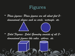 Figures
• Plain figures: Plain figures are all about flat 2-
dimensional shapes such as circle, rectangle, etc.
• Solid Figures: Solid Geometry consists of all 3-
dimensional figures like cubes, spheres, etc.
 