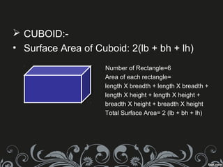  CUBOID:-
• Surface Area of Cuboid: 2(lb + bh + lh)
Number of Rectangle=6
Area of each rectangle=
length X breadth + length X breadth +
length X height + length X height +
breadth X height + breadth X height
Total Surface Area= 2 (lb + bh + lh)
 