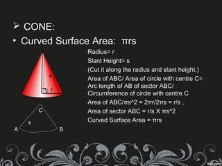  CONE:
• Curved Surface Area: πrs
Radius= r
Slant Height= s
(Cut it along the radius and slant height.)
Area of ABC/ Area of circle with centre C=
Arc length of AB of sector ABC/
Circumference of circle with centre C
Area of ABC/πs^2 = 2πr/2πs = r/s ,
Area of sector ABC = r/s X πs^2
Curved Surface Area = πrs
r
s
A B
C
s
 