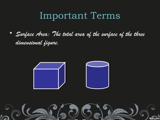 Important Terms
• Surface Area: The total area of the surface of the three
dimensional figure.
 