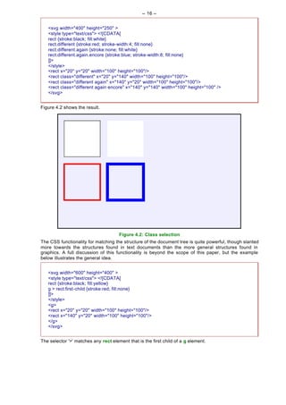 -- 16 --


   <svg width="400" height="250" >
   <style type="text/css"> <![CDATA[
   rect {stroke:black; fill:white}
   rect.different {stroke:red; stroke-width:4; fill:none}
   rect.different.again {stroke:none; fill:white}
   rect.different.again.encore {stroke:blue; stroke-width:8; fill:none}
   ]]>
   </style>
   <rect x="20" y="20" width="100" height="100"/>
   <rect class="different" x="20" y="140" width="100" height="100"/>
   <rect class="different again" x="140" y="20" width="100" height="100"/>
   <rect class="different again encore" x="140" y="140" width="100" height="100" />
   </svg>


Figure 4.2 shows the result.




                                      Figure 4.2: Class selection
The CSS functionality for matching the structure of the document tree is quite powerful, though slanted
more towards the structures found in text documents than the more general structures found in
graphics. A full discussion of this functionality is beyond the scope of this paper, but the example
below illustrates the general idea.


   <svg width="600" height="400" >
   <style type="text/css"> <![CDATA[
   rect {stroke:black; fill:yellow}
   g > rect:first-child {stroke:red; fill:none}
   ]]>
   </style>
   <g>
   <rect x="20" y="20" width="100" height="100"/>
   <rect x="140" y="20" width="100" height="100"/>
   </g>
   </svg>


The selector '>' matches any rect element that is the first child of a g element.
 