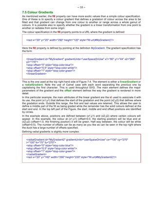 -- 33 --

7.5 Colour Gradients
As mentioned earlier, the fill property can have more exotic values than a simple colour specification.
One of these is to specify a colour gradient that defines a gradation of colour across the area to be
filled and that gradient can change from one colour to another or range across a whole gamut of
colours. It is possible also to specify whether the gradient is a linear transformation from one point to
another or radiates from some origin.
The colour specification in the fill property points to a URL where the gradient is defined:


   <rect x="20" y="20" width="290" height="120" style="fill:url(#MyGradient)"/>


Here the fill property is defined by pointing at the definition MyGradient. The gradient specification has
the form:


   <linearGradient id="MyGradient" gradientUnits="userSpaceOnUse" x1="80" y1="44" x2="260"
   y2="116">
   <stop offset="0" style="stop-color:blue"/>
   <stop offset="0.5" style="stop-color:white"/>
   <stop offset="1" style="stop-color:green"/>
   </linearGradient>


This is the one used at the top right hand side of Figure 7.4. The element is either a linearGradient or
a radialGradient. Note the use of Camel case with each word separating the previous one by
capitalising the first character. This is used throughout SVG. The main element defines the major
parameters of the gradient and the offset element defines the way the gradient is rendered in more
detail.
In this particular example, the main attributes of the linear gradient are the id used to associate it with
its use, the point (x1,y1) that defines the start of the gradation and the point (x2,y2) that defines where
the gradation ends. Outside this range, the first and last values are retained. This allows the user to
define a middle part of the fill as being graded while the remainder has the solid colours defined at the
start and end. In the top left part of the Figure, the start, middle and end offset positions are identified
by circles.
In the example above, positions are defined between (x1,y1) and (x2,y2) where certain colours will
appear. In this example, the colour at (x1,y1) (offset=0.0, the starting position) will be blue and at
(x2,y2) (offset=1.0, the finishing position) it will be green. Half way between, the colour will be white
(offset=0.5). The number of offsets can be as many as you like as can be seen in the top right where
the duck has a large number of offsets specified.
Defining radial gradients is slightly more complex:


   <radialGradient id="MyGradient2" gradientUnits="userSpaceOnUse" cx="130" cy="270"
   r="100" fx="70" fy="270">
   <stop offset="0" style="stop-color:blue"/>
   <stop offset="0.5" style="stop-color:white"/>
   <stop offset="1" style="stop-color:green"/>
   </radialGradient>
   <rect x="20" y="160" width="290" height="220" style="fill:url(#MyGradient2)"/>
 
