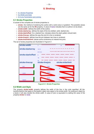 -- 35 --

                                             8. Stroking
    ¡   8.1 Stroke Properties
    ¡   8.2 Width and Style
    ¡   8.3 Line Termination and Joining

8.1 Stroke Properties
A subset of the complete set of stroke properties is:
    ¡   stroke: the method of rendering the outline with a solid colour or gradient. The possible values
        are the same as for the fill property. A value of none indicates that no outline is to be drawn.
    ¡   stroke-width: defines the width of the outline.
    ¡   stroke-dasharray: defines the style of the line (dotted, solid, dashed etc).
    ¡   stroke-dashoffset: for a dashed line, indicates where the dash pattern should start.
    ¡   stroke-linecap: defines the way the end of a line is rendered.
    ¡   stroke-linejoin: defines how the join between two lines is rendered.
    ¡   stroke-linemiterlimit: places some constraints on mitered line joins.
The set of stroke properties are illustrated in Figure 8.1.




                                     Figure 8.1: Stroke Properties
8.2 Width and Style
The property stroke -width property defines the width of the line in the units specified. All the
transformations that apply to the graphic object also apply to the stroke-width. So scaling an object by
a factor 2 will also double the stroke width. A value of zero is equivalent to setting the value of the
property stroke to none.
 