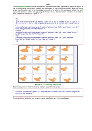 -- 42 --
The animateTransform element animates the transformation to be applied to a graphical object. In
the example below, the scaling, rotation and translation of the duck are animated. Note that only a
single transformation can be animated per element so to achieve this compound effect the path
element is enclosed within two grouping elements and one transformation animation is applied to
each. The result is shown in Figure 10.3.


   <g>
   <g>
   <path d="M 20 100 c 40 48 120 -32 160 -6 c 0 0 5 4 10 -3 c 10 -103 50 -83 90 -42 c 0 0 20 12
   30 7 c -2 12 -18 17 -40 17 c -55 -2 -40 25 -20 35 c 30 20 35 65 -30 71 c -50 4 -170 4 -200 -79
   z">
   <animateTransform attributeName="transform" attributeType="XML" type="scale" from="0.4"
   to="0.3" begin="0s" dur="4s" fill="freeze" />
   </path>
   <animateTransform attributeName="transform" attributeType="XML" type="rotate" from="0"
   to="21" begin="4s" dur="7s" fill="freeze" />
   </g>
   <animateTransform attributeName="transform" attributeType="XML" type="translate"
   from="0,0" to="40,20" begin="11s" dur="4s" fill="freeze" />
   </g>




                                Figure 10.3: Animating Transforms
To animate a colour, the animateColor element is used. For example:


   <animateColor attributeType="CSS" attributeName="fill" from="aqua" to="crimson" begin="0s"
   dur="10s" fill="freeze"/>


The to and from attributes can have the colour specified in any of the usual ways.
 