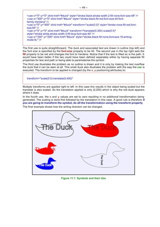 -- 49 --


   <use x="0" y="0" xlink:href="#duck" style="stroke:black;stroke-width:2;fill:none;font-size:48" />
   <use x="300" y="0" xlink:href="#duck" style="stroke:black;fill:red;font-size:40;font-
   family:Verdana" />
   <use x="0" y="400" xlink:href="#duck" transform="scale(0.5)" style="stroke:none;fill:red;font-
   size:64" />
   <use x="0" y="0" xlink:href="#duck" transform="translate(0,300) scale(0.5)"
   style="stroke:white;stroke-width:3;fill:blue;font-size:40" />
   <use x="300" y="200" xlink:href="#duck" style="stroke:black;fill:none;font-size:16;writing-
   mode:tb;" />


The first use is quite straightforward. The duck and associated text are drawn in outline (top left) and
the font size is specified by the font-size property to be 40. The second use in the top right sets the
fill property to be red and changes the font to Verdana. Notice that if the text is filled so is the path. It
would have been better if the two could have been defined separately either by having separate fill
properties for text and path or being able to parameterise the symbol.
The third use illustrates the problem as no outline is drawn and it is only by making the text overflow
the duck that it can be seen at all. This small duck also illustrates the problem with the way the use is
executed. The transform to be applied is changed (by the x, y positioning attributes) to:


   transform="scale(0.5) translate(0,400)"


Multiple transforms are applied right to left. In this case this results in the object being scaled but the
translate is also scaled. So the translation applied is only (0,200) which is why the red duck appears
where it does.
In the fourth use, the x and y values are set to zero resulting in no additional transformation being
generated. The scaling is done first followed by the translation in this case. A good rule is therefore if
you are going to transform the symbol, do all the transformation using the transform property.
The final example shows how the writing direction can be changed.




                                  Figure 11.1: Symbols and their Use
 