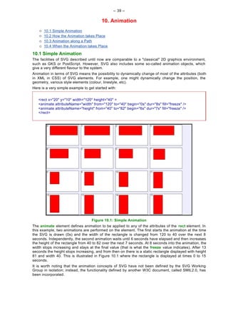 -- 39 --

                                         10. Animation
    ¡   10.1   Simple Animation
    ¡   10.2   How the Animation takes Place
    ¡   10.3   Animation along a Path
    ¡   10.4   When the Animation takes Place

10.1 Simple Animation
The facilities of SVG described until now are comparable to a "classical" 2D graphics environment,
such as GKS or PostScript. However, SVG also includes some so-called animation objects, which
give a very different flavour to the system.
Animation in terms of SVG means the possibility to dynamically change of most of the attributes (both
in XML in CSS) of SVG elements. For example, one might dynamically change the position, the
geometry, various style elements (colour, linestyle, etc).
Here is a very simple example to get started with:


   <rect x="20" y="10" width="120" height="40" >
   <animate attributeName="width" from="120" to="40" begin="0s" dur="8s" fill="freeze" />
   <animate attributeName="height" from="40" to="82" begin="6s" dur="7s" fill="freeze" />
   </rect>




                                    Figure 10.1: Simple Animation
The animate element defines animation to be applied to any of the attributes of the rect element. In
this example, two animations are performed on the element. The first starts the animation at the time
the SVG is drawn (0s) and the width of the rectangle is changed from 120 to 40 over the next 8
seconds. Independently, the second animation waits until 6 seconds have elapsed and then increases
the height of the rectangle from 40 to 82 over the next 7 seconds. At 8 seconds into the animation, the
width stops increasing and stays at the final value (that is what the freeze value indicates). After 13
seconds the height stops increasing, and from then on there is a static rectangle displayed with height
81 and width 40. This is illustrated in Figure 10.1 where the rectangle is displayed at times 0 to 15
seconds.
It is worth noting that the animation concepts of SVG have not been defined by the SVG Working
Group in isolation; instead, the functionality defined by another W3C document, called SMIL2.0, has
been incorporated.
 