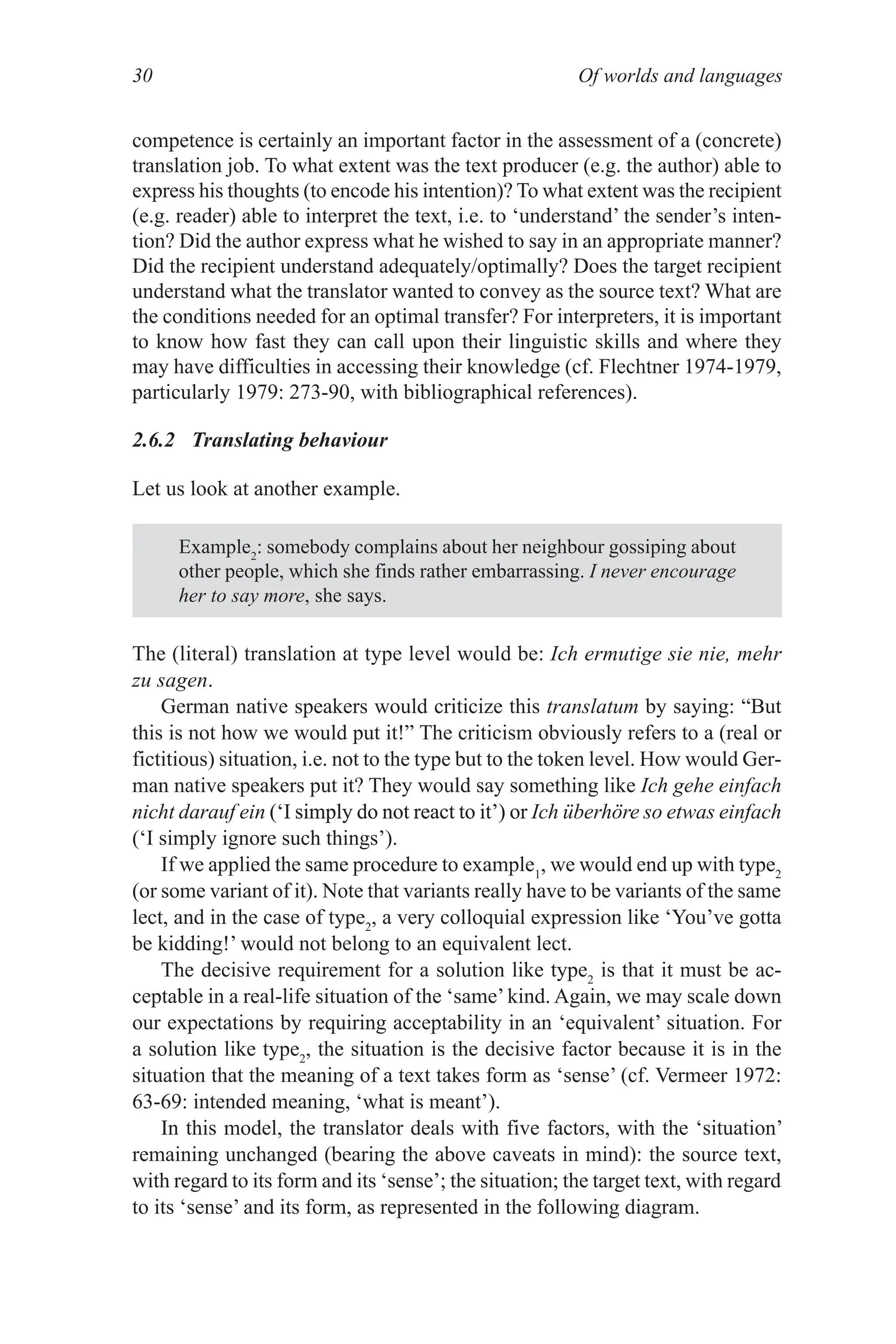 Of worlds and languages
30
competence is certainly an important factor in the assessment of a (concrete)
translation job. To what extent was the text producer (e.g. the author) able to
express his thoughts (to encode his intention)? To what extent was the recipient
(e.g. reader) able to interpret the text, i.e. to ‘understand’ the sender’s inten­
tion? Did the author express what he wished to say in an appropriate manner?
Did the recipient understand adequately/optimally? Does the target recipient
understand what the translator wanted to convey as the source text? What are
the conditions needed for an optimal transfer? For interpreters, it is important
to know how fast they can call upon their linguistic skills and where they
may have difficulties in accessing their knowledge (cf. Flechtner 1974­1979,
particularly 1979: 273­90, with bibliographical references).
2.6.2 Translating behaviour
Let us look at another example.
Example2
: somebody complains about her neighbour gossiping about
other people, which she finds rather embarrassing. I never encourage
her to say more, she says.
The (literal) translation at type level would be: Ich ermutige sie nie, mehr
zu sagen.
German native speakers would criticize this translatum by saying: “But
this is not how we would put it!” The criticism obviously refers to a (real or
fictitious) situation, i.e. not to the type but to the token level. How would Ger­
man native speakers put it? They would say something like Ich gehe einfach
nicht darauf ein (‘I simply do not react to it’) or
(‘I simply do not react to it’) or Ich überhöre so etwas einfach
(‘I simply ignore such things’).
If we applied the same procedure to example1
, we would end up with type2
(or some variant of it). Note that variants really have to be variants of the same
lect, and in the case of type2
, a very colloquial expression like ‘You’ve gotta
be kidding!’ would not belong to an equivalent lect.
The decisive requirement for a solution like type2
is that it must be ac­
ceptable in a real­life situation of the ‘same’kind. Again, we may scale down
our expectations by requiring acceptability in an ‘equivalent’ situation. For
a solution like type2
, the situation is the decisive factor because it is in the
situation that the meaning of a text takes form as ‘sense’ (cf. Vermeer 1972:
63­69: intended meaning, ‘what is meant’).
In this model, the translator deals with five factors, with the ‘situation’
remaining unchanged (bearing the above caveats in mind): the source text,
with regard to its form and its ‘sense’; the situation; the target text, with regard
to its ‘sense’ and its form, as represented in the following diagram.
 