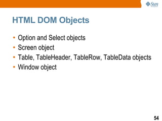 HTML DOM Objects

•   Option and Select objects
•   Screen object
•   Table, TableHeader, TableRow, TableData objects
•   Window object




                                                      54
 
