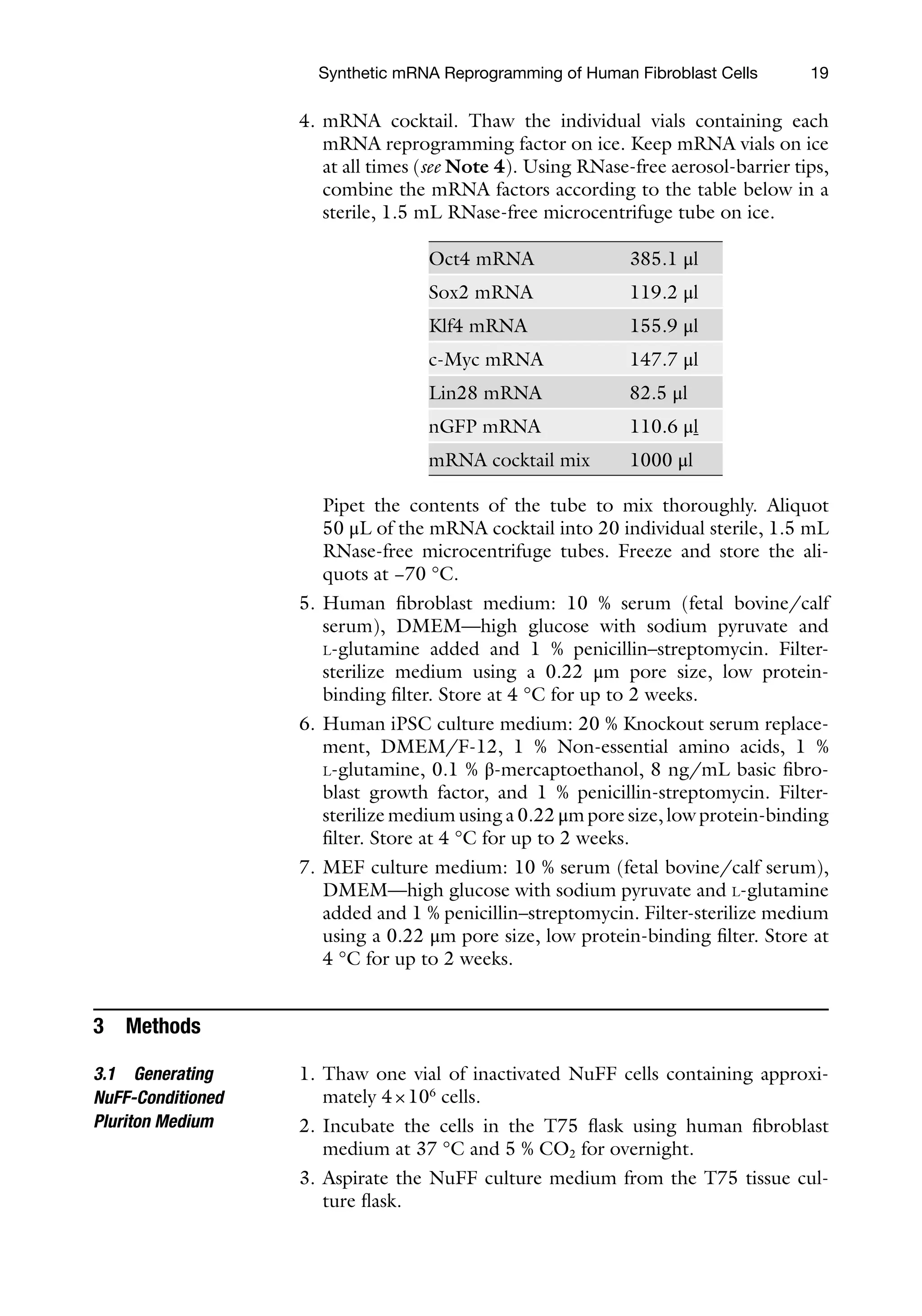 19
4. mRNA cocktail. Thaw the individual vials containing each
mRNA reprogramming factor on ice. Keep mRNA vials on ice
at all times (see Note 4). Using RNase-free aerosol-barrier tips,
combine the mRNA factors according to the table below in a
sterile, 1.5 mL RNase-free microcentrifuge tube on ice.
Oct4 mRNA 385.1 μl
Sox2 mRNA 119.2 μl
Klf4 mRNA 155.9 μl
c-Myc mRNA 147.7 μl
Lin28 mRNA 82.5 μl
nGFP mRNA 110.6 μl
mRNA cocktail mix 1000 μl
Pipet the contents of the tube to mix thoroughly. Aliquot
50 μL of the mRNA cocktail into 20 individual sterile, 1.5 mL
RNase-free microcentrifuge tubes. Freeze and store the ali-
quots at −70 °C.
5. Human fibroblast medium: 10 % serum (fetal bovine/calf
serum), DMEM—high glucose with sodium pyruvate and
L-glutamine added and 1 % penicillin–streptomycin. Filter-
sterilize medium using a 0.22 μm pore size, low protein-
binding filter. Store at 4 °C for up to 2 weeks.
6. Human iPSC culture medium: 20 % Knockout serum replace-
ment, DMEM/F-12, 1 % Non-essential amino acids, 1 %
L-glutamine, 0.1 % β-mercaptoethanol, 8 ng/mL basic fibro-
blast growth factor, and 1 % penicillin-streptomycin. Filter-
sterilize medium using a 0.22 μm pore size, low protein-binding
filter. Store at 4 °C for up to 2 weeks.
7. MEF culture medium: 10 % serum (fetal bovine/calf serum),
DMEM—high glucose with sodium pyruvate and L-glutamine
added and 1 % penicillin–streptomycin. Filter-sterilize medium
using a 0.22 μm pore size, low protein-binding filter. Store at
4 °C for up to 2 weeks.
3 Methods
1. Thaw one vial of inactivated NuFF cells containing approxi-
mately 4×106
cells.
2. Incubate the cells in the T75 flask using human fibroblast
medium at 37 °C and 5 % CO2 for overnight.
3. Aspirate the NuFF culture medium from the T75 tissue cul-
ture flask.
3.1 Generating
NuFF-Conditioned
Pluriton Medium
Synthetic mRNA Reprogramming of Human Fibroblast Cells
 