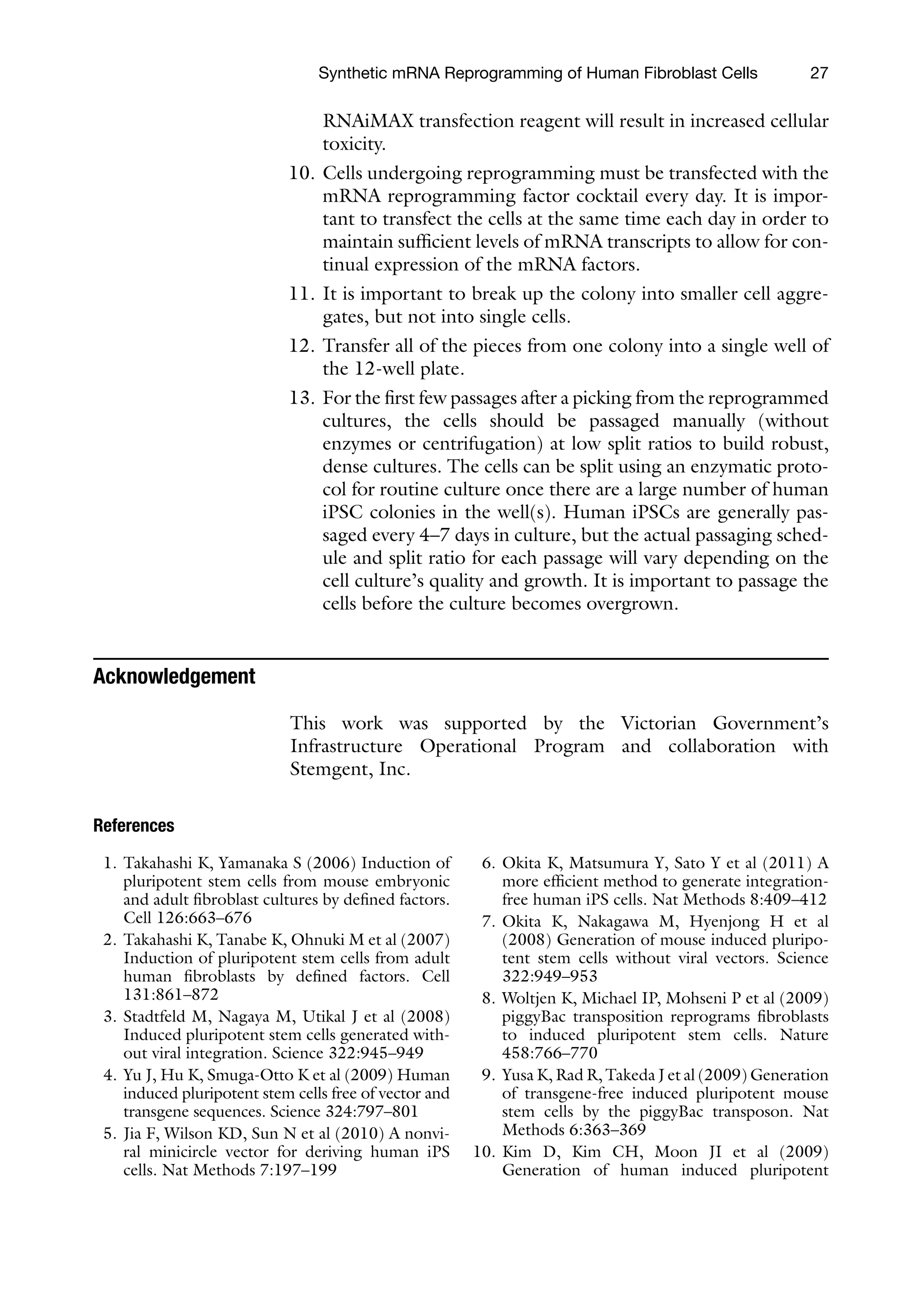 27
RNAiMAX transfection reagent will result in increased cellular
toxicity.
10. Cells undergoing reprogramming must be transfected with the
mRNA reprogramming factor cocktail every day. It is impor-
tant to transfect the cells at the same time each day in order to
maintain sufficient levels of mRNA transcripts to allow for con-
tinual expression of the mRNA factors.
11. It is important to break up the colony into smaller cell aggre-
gates, but not into single cells.
12. Transfer all of the pieces from one colony into a single well of
the 12-well plate.
13. For the first few passages after a picking from the reprogrammed
cultures, the cells should be passaged manually (without
enzymes or centrifugation) at low split ratios to build robust,
dense cultures. The cells can be split using an enzymatic proto-
col for routine culture once there are a large number of human
iPSC colonies in the well(s). Human iPSCs are generally pas-
saged every 4–7 days in culture, but the actual passaging sched-
ule and split ratio for each passage will vary depending on the
cell culture’s quality and growth. It is important to passage the
cells before the culture becomes overgrown.
Acknowledgement
This work was supported by the Victorian Government’s
Infrastructure Operational Program and collaboration with
Stemgent, Inc.
References
1. Takahashi K, Yamanaka S (2006) Induction of
pluripotent stem cells from mouse embryonic
and adult fibroblast cultures by defined factors.
Cell 126:663–676
2. Takahashi K, Tanabe K, Ohnuki M et al (2007)
Induction of pluripotent stem cells from adult
human fibroblasts by defined factors. Cell
131:861–872
3. Stadtfeld M, Nagaya M, Utikal J et al (2008)
Induced pluripotent stem cells generated with-
out viral integration. Science 322:945–949
4. Yu J, Hu K, Smuga-Otto K et al (2009) Human
induced pluripotent stem cells free of vector and
transgene sequences. Science 324:797–801
5. Jia F, Wilson KD, Sun N et al (2010) A nonvi-
ral minicircle vector for deriving human iPS
cells. Nat Methods 7:197–199
6. Okita K, Matsumura Y, Sato Y et al (2011) A
more efficient method to generate integration-
free human iPS cells. Nat Methods 8:409–412
7. Okita K, Nakagawa M, Hyenjong H et al
(2008) Generation of mouse induced pluripo-
tent stem cells without viral vectors. Science
322:949–953
8. Woltjen K, Michael IP, Mohseni P et al (2009)
piggyBac transposition reprograms fibroblasts
to induced pluripotent stem cells. Nature
458:766–770
9. Yusa K, Rad R, Takeda J et al (2009) Generation
of transgene-free induced pluripotent mouse
stem cells by the piggyBac transposon. Nat
Methods 6:363–369
10. Kim D, Kim CH, Moon JI et al (2009)
Generation of human induced pluripotent
Synthetic mRNA Reprogramming of Human Fibroblast Cells
 