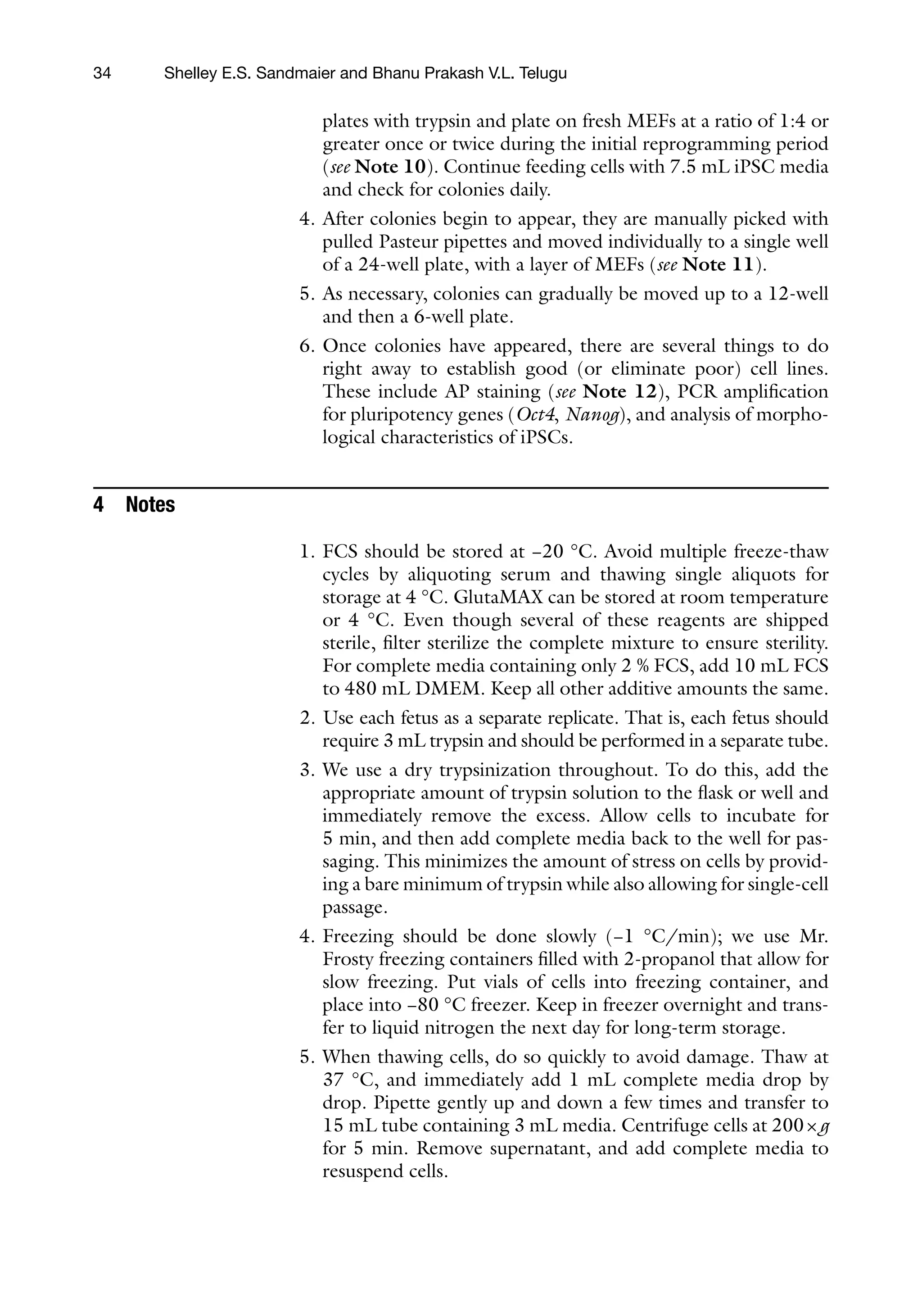 34
plates with trypsin and plate on fresh MEFs at a ratio of 1:4 or
greater once or twice during the initial reprogramming period
(see Note 10). Continue feeding cells with 7.5 mL iPSC media
and check for colonies daily.
4. After colonies begin to appear, they are manually picked with
pulled Pasteur pipettes and moved individually to a single well
of a 24-well plate, with a layer of MEFs (see Note 11).
5. As necessary, colonies can gradually be moved up to a 12-well
and then a 6-well plate.
6. Once colonies have appeared, there are several things to do
right away to establish good (or eliminate poor) cell lines.
These include AP staining (see Note 12), PCR amplification
for pluripotency genes (Oct4, Nanog), and analysis of morpho-
logical characteristics of iPSCs.
4 Notes
1. FCS should be stored at −20 °C. Avoid multiple freeze-thaw
cycles by aliquoting serum and thawing single aliquots for
storage at 4 °C. GlutaMAX can be stored at room temperature
or 4 °C. Even though several of these reagents are shipped
sterile, filter sterilize the complete mixture to ensure sterility.
For complete media containing only 2 % FCS, add 10 mL FCS
to 480 mL DMEM. Keep all other additive amounts the same.
2. Use each fetus as a separate replicate. That is, each fetus should
require 3 mL trypsin and should be performed in a separate tube.
3. We use a dry trypsinization throughout. To do this, add the
appropriate amount of trypsin solution to the flask or well and
immediately remove the excess. Allow cells to incubate for
5 min, and then add complete media back to the well for pas-
saging. This minimizes the amount of stress on cells by provid-
ing a bare minimum of trypsin while also allowing for single-cell
passage.
4. Freezing should be done slowly (−1 °C/min); we use Mr.
Frosty freezing containers filled with 2-propanol that allow for
slow freezing. Put vials of cells into freezing container, and
place into −80 °C freezer. Keep in freezer overnight and trans-
fer to liquid nitrogen the next day for long-term storage.
5. When thawing cells, do so quickly to avoid damage. Thaw at
37 °C, and immediately add 1 mL complete media drop by
drop. Pipette gently up and down a few times and transfer to
15 mL tube containing 3 mL media. Centrifuge cells at 200×g
for 5 min. Remove supernatant, and add complete media to
resuspend cells.
Shelley E.S. Sandmaier and Bhanu Prakash V.L. Telugu
 