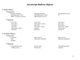 JavaScript Built-in Objects

Ø Math Object:
    § Properties:
            • E( Euler’s constant)                  LN2(Natural log of 2)      LN10(natural log of 10)
              LOG2E(log base-2 of E)                LOG10E(log base-10 of E)   PI
              SQRT1_2( square root of 0.5)          SQRT2(square root of 2)

     § Methods:
          • abs( value )                            acos( value )              asin( value )
              atan( value )                         atan2( value1, value2 )    ceil( value )
              cos( value )                          exp( value )               floor( value )
              log( value )                          max( value1, value2 )      min( value1, value2 )
              pow( value1, value2 )                 random( )                  round( value )
              sin( value )                          sqrt( value )              tan( value )


Ø Number Object:
    • Properties:
            • constructor                           MAX_VALUE                  MIN_VALUE
              NaN                                   NEGATIVE_INFINITY          POSITIVE_INIFINITY
              prototype

     § Methods:
          • toExponential( value )                  toFixed( value )           toLocaleString( value )
              toString( value )                     toPrecision( )             valueOf( )




                                                                                                         4
 