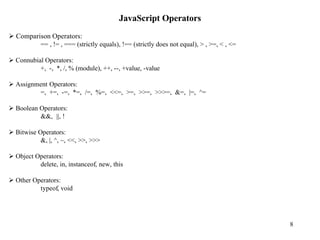 JavaScript Operators
Ø Comparison Operators:
         == , != , === (strictly equals), !== (strictly does not equal), > , >=, < , <=

Ø Connubial Operators:
          +, -, *, /, % (module), ++, --, +value, -value

Ø Assignment Operators:
         =, +=, -=, *=, /=, %=, <<=, >=, >>=, >>>=, &=, |=, ^=

Ø Boolean Operators:
          &&, ||, !

Ø Bitwise Operators:
           &, |, ^, ~, <<, >>, >>>

Ø Object Operators:
          delete, in, instanceof, new, this

Ø Other Operators:
          typeof, void




                                                                                          8
 