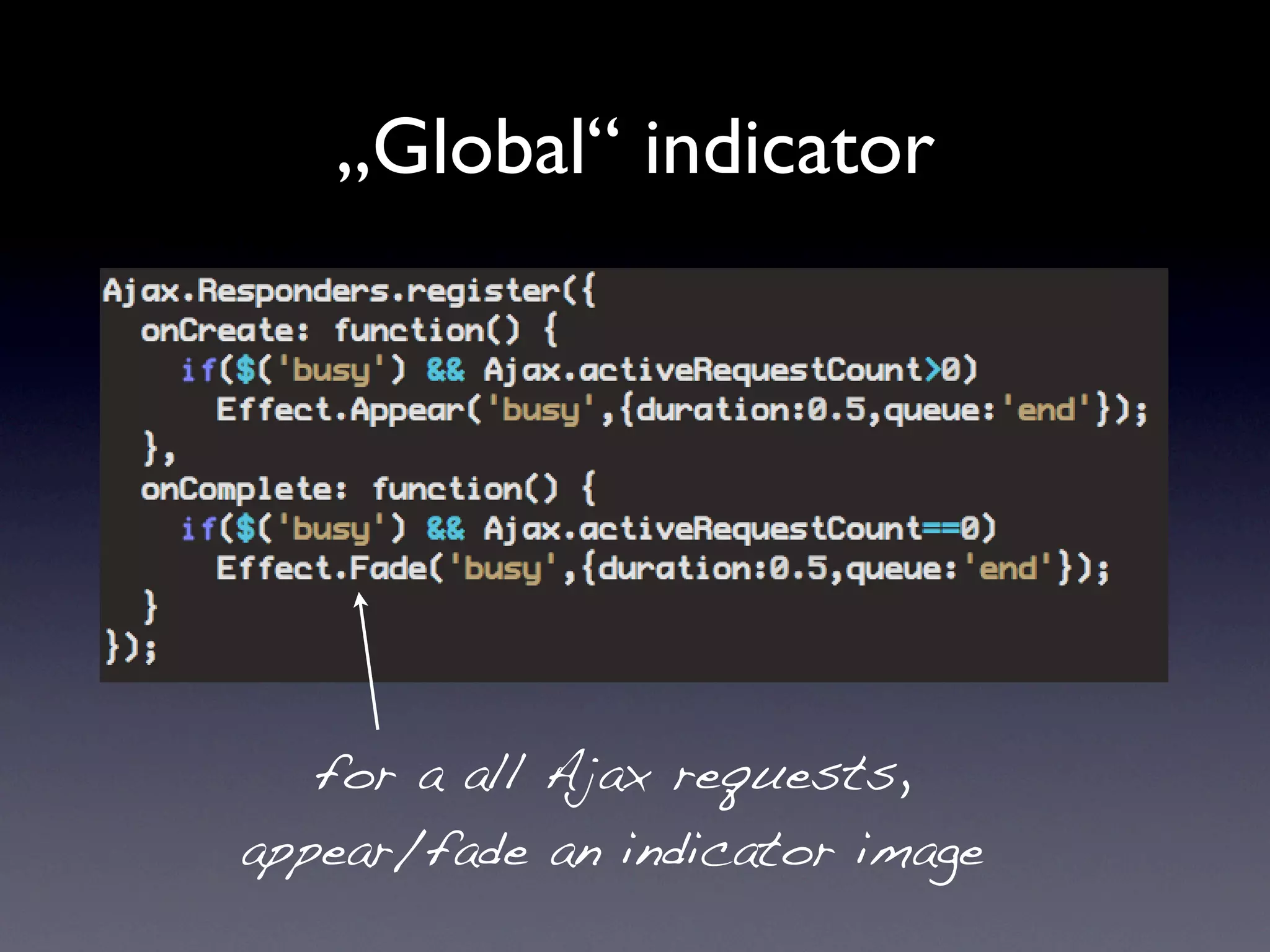 „Global“ indicator




   for a all Ajax requests,
appear/fade an indicator image
 