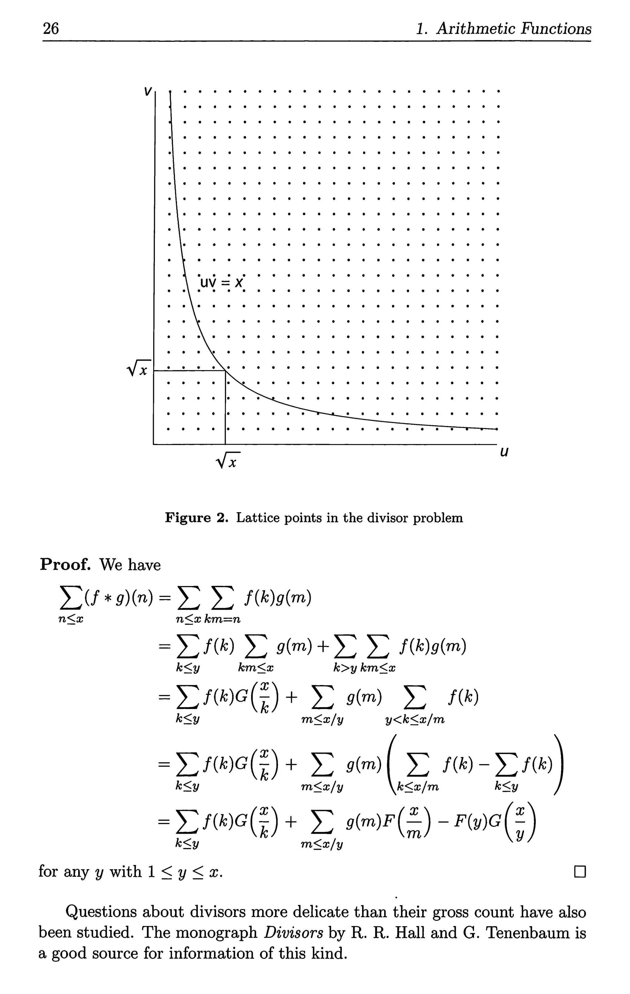 26 1. Arithmetic Functions
v
u
Figure 2. Lattice points in the divisor problem
Proof. We have
L)f *g)(n) = L L J(k)g(m)
n::;x n::;xkm=n
= L f(k) L g(m) + L L J(k)g(m)
k::;y km::;x k>ykm::;x
= L f(k)G(~) + L g(m) L f(k)
k::;y m::;x/y y<k::;x/m
~~/(k)G(~) +m~yg(m) (Eim/(k) - ~/(k))
= Lf(k)G(~) + L g(m)F(~)-F(y)G(~)
k::;y m::;x/y
for any y with 1 ~ y ~ x. 0
Questions about divisors more delicate than their gross count have also
been studied. The monograph Divisors by R.R. Hall and G. Tenenbaum is
a good source for information of this kind.
 
