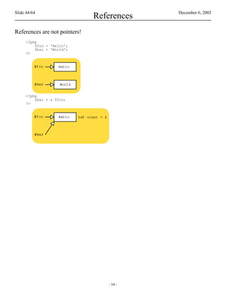 Slide 44/64                                 December 6, 2002
                               References
References are not pointers!
     <?php
         $foo = 'Hello';
         $bar = 'World';
     ?>




     <?php
         $bar = & $foo;
     ?>




                                  - 54 -
 