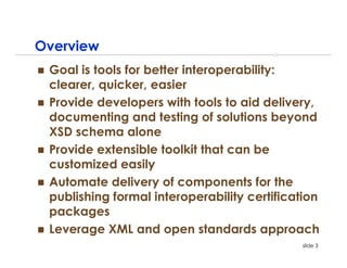 Overview
 Goal is tools for better interoperability:
 clearer, quicker, easier
 Provide developers with tools to aid delivery,
 documenting and testing of solutions beyond
 XSD schema alone
 Provide extensible toolkit that can be
 customized easily
 Automate delivery of components for the
 publishing formal interoperability certification
 packages
 Leverage XML and open standards approach
                                              slide 3
 