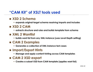 “CAM Kit” of XSLT tools used
 XSD 2 Schema
   expands original target schema resolving imports and includes

 XSD 2 CAM
   extracts structure and rules and builds template from schema

 XML 2 Wantlist
   builds want list from any XML instance (uses Level Depth setting)

 CAM 2 Examples
   Generates a collection of XML instance test cases

 Import/Export Hints
   Manage and apply content hinting across CAM templates

 CAM 2 XSD export
   Creates a subset XSD from CAM template (applies want list)
                                                                   slide 62
 