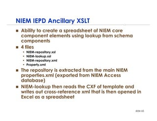 NIEM IEPD Ancillary XSLT
 Ability to create a spreadsheet of NIEM core
 component elements using lookup from schema
 components
 4 files
   NIEM-repository.xsl
   NIEM-lookup.xsl
   NIEM-repository.xml
   Property.xml
 The repository is extracted from the main NIEM
 properties.xml (exported from NIEM Access
 database)
 NIEM-lookup then reads the CXF of template and
 writes out cross-reference xml that is then opened in
 Excel as a spreadsheet

                                                   slide 65
 