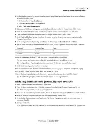 FLEX 4 TUTORIALS 28
                                                                                   Manage the access of data through paging



3 In Flash Builder, create a Flex project. Name the project PagingCF and specify ColdFusion for the server technology
   as listed below. Click Next.
   • Application Server Type: ColdFusion
   • Enable Use Remote Object Access Service
   • Select ColdFusion Flash Remoting
4 Validate your ColdFusion settings and specify the PagingCF directory for the Output Folder. Click Finish.
5 From the Flash Builder Data menu, select Connect to Data Service. Select ColdFusion and click Next.
6 Click Browse and navigate to the PagingService.cfc file you created in step 1. Click Finish.
7 In the Flash Builder Data/Services view, from the context menu for the getItems_paged() operation, select
   Configure Return Type.
8 In the Configure Return Type dialog, Auto-Detect the Return Type is selected by default. Click Next.
9 Specify values and types for the parameters to the getItems_paged() operation as described below. Click Next:

    Argument                       Argument Type                  Value

    startIndex                     Number                         0

    numItems                       Number                         10


10 Specify Employee in the Array Of field toto define a custom type for returned data.
   Flex uses custom data types to access and update complex data types returned from a server.
   The Configure Return Type dialog displays the properties of the data type returned by the service.
11 Click Finish to configure the Employee return type.
12 In the Data/Services view, from the context menu for the getItems_paged() operation, select Enable Paging.
13 In the Select Unique Identifier dialog, select emp_no and click Next.
14 In the Confirm Paging dialog, specify the count() operation from the drop-down list. Click Finish.
   You do not have to specify the number of records to retrieve for each page operation.


Create an application and bind getItems_paged() to a DataGrid
1 Select Design to open the MXML editor in Design mode.
2 From the Components view, drag a DataGrid component onto the Design Area and place it near the top.
   The DataGrid component is available under Data Controls.
3 Make sure the DataGrid component is selected, then in the Properties view specify false for the Editable attribute.
4 With the DataGrid component selected, from the Data menu select Bind to Data.
5 In the Bind to Data operation, select New Service Call. For the PagingService, select the getItems_paged()
   operation. Click OK.
6 Save and run the file.
   In the application, click in the DataGrid scroll bar or move the thumb of the scroll bar to observe the paging of data.




                                        Prerelease - 5 October 2009
 