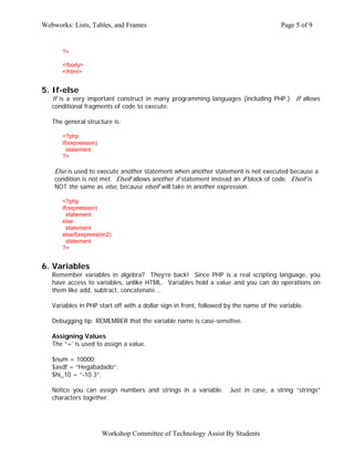 Webworks: Lists, Tables, and Frames                                                    Page 5 of 9


      ?>

      </body>
      </html>


5. If-else
   If is a very important construct in many programming languages (including PHP.) If allows
   conditional fragments of code to execute.

   The general structure is:

      <?php
      if(expression)
        statement
      ?>

    Else is used to execute another statement when another statement is not executed because a
    condition is not met. Elseif allows another if statement instead an if block of code. Elseif is
    NOT the same as else, because elseif will take in another expression.

      <?php
      if(expression)
        statement
      else
        statement
      elseif(expression2)
        statement
      ?>


6. Variables
   Remember variables in algebra? They’re back! Since PHP is a real scripting language, you
   have access to variables, unlike HTML. Variables hold a value and you can do operations on
   them like add, subtract, concatenate...

   Variables in PHP start off with a dollar sign in front, followed by the name of the variable.

   Debugging tip: REMEMBER that the variable name is case-sensitive.

   Assigning Values
   The “=’ is used to assign a value.

   $num = 10000;
   $asdf = “Hegabadado”;
   $hi_10 = “-10.3”;

   Notice you can assign numbers and strings in a variable.         Just in case, a string “strings”
   characters together.




                       Workshop Committee of Technology Assist By Students
 