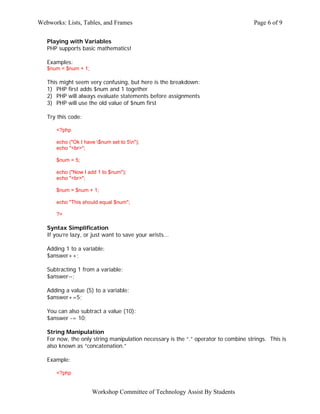Webworks: Lists, Tables, and Frames                                                  Page 6 of 9

   Playing with Variables
   PHP supports basic mathematics!

   Examples:
   $num = $num + 1;

   This might seem very confusing, but here is the breakdown:
   1) PHP first adds $num and 1 together
   2) PHP will always evaluate statements before assignments
   3) PHP will use the old value of $num first

   Try this code:

      <?php

      echo ("Ok I have $num set to 5n");
      echo "<br>";

      $num = 5;

      echo ("Now I add 1 to $num");
      echo "<br>";

      $num = $num + 1;

      echo "This should equal $num";

      ?>

   Syntax Simplification
   If you’re lazy, or just want to save your wrists...

   Adding 1 to a variable:
   $answer++;

   Subtracting 1 from a variable:
   $answer--;

   Adding a value (5) to a variable:
   $answer+=5;

   You can also subtract a value (10):
   $answer -= 10;

   String Manipulation
   For now, the only string manipulation necessary is the “.” operator to combine strings. This is
   also known as “concatenation.”

   Example:

      <?php


                      Workshop Committee of Technology Assist By Students
 