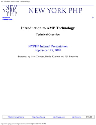 New York PHP - Introduction to AMP Technology




  Download
  Presentation




                                 Introduction to AMP Technology
                                                          Technical Overview



                                             NYPHP Internal Presentation
                                                September 25, 2002
                            Presented by Hans Zaunere, Daniel Kushner and Bill Patterson




            http://www.nyphp.org                    http://apache.org         http://mysql.com   http://php.net   9/25/02



http://www.nyphp.org/content/presentations/ampintro2/[9/12/2009 5:53:09 PM]
 