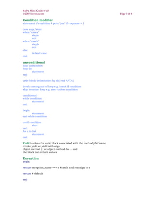 Ruby Mini Guide v1.0
©2007 livrona.com                                                  Page 3 of 6

Condition modifier
statement if condition # puts "yes" if response > 1

case expr/stmt
when "casea"
       stepa
       exit
when "caseb"
       stepb
       exit
else
       default case
end

unconditional
loop {statement}
loop do
        statement
end

code block delimitation by do/end AND {}

break coming out of loop e.g. break if condition
skip iteration loop e.g. next unless condition

conditional
while condition
       statement
end

begin
      statement
end while condition

until condition
         stmt
end
for c in list
         statement
end

Yield invokes the code block associated with the method/def name
invoke yield or yield with args
object.method { } or object.method do ... end
the block can return values

Exception
begin

rescue exception_name ==> e #catch and reassign to e

rescue # default

end
 