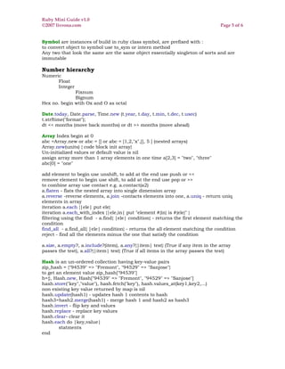 Ruby Mini Guide v1.0
©2007 livrona.com                                                                Page 5 of 6


Symbol are instances of build in ruby class symbol, are prefixed with :
to convert object to symbol use to_sym or intern method
Any two that look the same are the same object essentially singleton of sorts and are
immutable

Number hierarchy
Numeric
      Float
      Integer
              Fixnum
              Bignum
Hex no. begin wtih Ox and O as octal

Date.today, Date.parse, Time.new (t.year, t.day, t.min, t.dec, t.usec)
t.strftime("format");
dt << months (move back months) or dt >> months (move ahead)

Array Index begin at 0
abc =Array.new or abc = [] or abc = [1,2,"x",[], 5 ] (nested arrays)
Array.new(units) { code block init array}
Un-initialized values or default value is nil
assign array more than 1 array elements in one time a[2,3] = "two", "three"
abc[0] = "one"

add element to begin use unshift, to add at the end use push or <<
remove element to begin use shift, to add at the end use pop or >>
to combine array use contact e.g. a.contact(a2)
a.flaten - flats the nested array into single dimension array
a.reverse -reverse elements, a.join -contacts elements into one, a.uniq - return uniq
elements in array
iteration a.each {|ele| put ele}
iteration a.each_with_index {|ele,in| put "element #{in} is #{ele}" }
filtering using the find - a.find{ |ele| condition} - returns the first element matching the
condition
find_all - a.find_all{ |ele| condition} - returns the all element matching the condition
reject - find all the elements minus the one that satisfy the condition

a.size, a.empty?, a.include?(item), a.any?{|item| test} (True if any item in the array
passes the test), a.all?{|item| test} (True if all items in the array passes the test)

Hash is an un-ordered collection having key-value pairs
zip_hash = {"94539" => "Fremont", "94529" => "Sanjose"}
to get an element value zip_hash["94539"]
h={}, Hash.new, Hash["94539" => "Fremont", "94529" => "Sanjose"]
hash.store("key","value"), hash.fetch("key"), hash.values_at(key1,key2,...)
non existing key value returned by map is nil
hash.update(hash1) - updates hash 1 contents to hash
hash3=hash2.merge(hash1) - merge hash 1 and hash2 as hash3
hash.invert - flip key and values
hash.replace - replace key values
hash.clear- clear it
hash.each do |key,value|
        statments
end
 