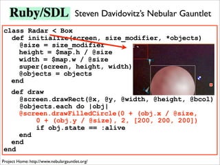 Steven Davidovitz’s Nebular Gauntlet
class Radar < Box
  def initialize(screen, size_modifier, *objects)
    @size = size_modifier
    height = $map.h / @size
    width = $map.w / @size
    super(screen, height, width)
    @objects = objects
  end
  def draw
    @screen.drawRect(@x, @y, @width, @height, @bcol)
    @objects.each do |obj|
    @screen.drawFilledCircle(0 + (obj.x / @size,
        0 + (obj.y / @size), 2, [200, 200, 200])
        if obj.state == :alive
    end
  end
end
Project Home: http://www.nebulargauntlet.org/
 