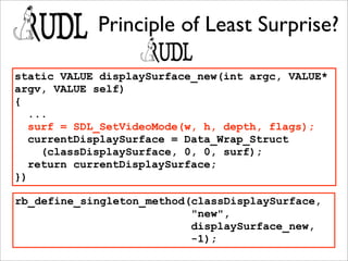 Principle of Least Surprise?

static VALUE displaySurface_new(int argc, VALUE*
argv, VALUE self)
{
   ...
   surf = SDL_SetVideoMode(w, h, depth, flags);
   currentDisplaySurface = Data_Wrap_Struct
     (classDisplaySurface, 0, 0, surf);
   return currentDisplaySurface;
})

rb_define_singleton_method(classDisplaySurface,
                           "new",
                           displaySurface_new,
                           -1);
 