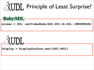 Principle of Least Surprise?

screen = SDL::setVideoMode(640,480,16,SDL::SWSURFACE)




display = DisplaySurface.new([640,480])
 