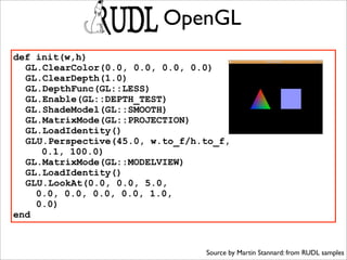 OpenGL
def init(w,h)
  GL.ClearColor(0.0, 0.0, 0.0, 0.0)
  GL.ClearDepth(1.0)
  GL.DepthFunc(GL::LESS)
  GL.Enable(GL::DEPTH_TEST)
  GL.ShadeModel(GL::SMOOTH)
  GL.MatrixMode(GL::PROJECTION)
  GL.LoadIdentity()
  GLU.Perspective(45.0, w.to_f/h.to_f,
     0.1, 100.0)
  GL.MatrixMode(GL::MODELVIEW)
  GL.LoadIdentity()
  GLU.LookAt(0.0, 0.0, 5.0,
    0.0, 0.0, 0.0, 0.0, 1.0,
    0.0)
end


                                 Source by Martin Stannard: from RUDL samples
 