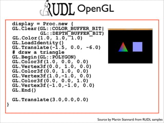 OpenGL
    display = Proc.new {
    GL.Clear(GL::COLOR_BUFFER_BIT|
             GL::DEPTH_BUFFER_BIT)
    GL.Color(1.0, 1.0, 1.0)
    GL.LoadIdentity()
    GL.Translate(-1.5, 0.0, -6.0)
    # draw a triangle
    GL.Begin(GL::POLYGON)
    GL.Color3f(1.0, 0.0, 0.0)
    GL.Vertex3f(0.0, 1.0, 0.0)
    GL.Color3f(0.0, 1.0, 0.0)
    GL.Vertex3f(1.0,-1.0, 0.0)
    GL.Color3f(0.0, 0.0, 1.0)
    GL.Vertex3f(-1.0,-1.0, 0.0)
    GL.End()
    GL.Translate(3.0,0.0,0.0)
}

                                Source by Martin Stannard: from RUDL samples
 