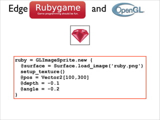Edge                      and



 ruby = GLImageSprite.new {
   @surface = Surface.load_image('ruby.png')
   setup_texture()
   @pos = Vector2[100,300]
   @depth = -0.1
   @angle = -0.2
 }
 