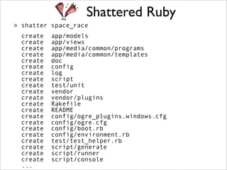 Shattered Ruby
> shatter space_race
  create   app/models
  create   app/views
  create   app/media/common/programs
  create   app/media/common/templates
  create   doc
  create   config
  create   log
  create   script
  create   test/unit
  create   vendor
  create   vendor/plugins
  create   Rakefile
  create   README
  create   config/ogre_plugins.windows.cfg
  create   config/ogre.cfg
  create   config/boot.rb
  create   config/environment.rb
  create   test/test_helper.rb
  create   script/generate
  create   script/runner
  create   script/console
  ...
 