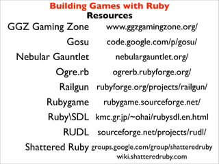 Building Games with Ruby
               Resources
GGZ Gaming Zone    www.ggzgamingzone.org/
            Gosu     code.google.com/p/gosu/
 Nebular Gauntlet        nebulargauntlet.org/
         Ogre.rb       ogrerb.rubyforge.org/
          Railgun rubyforge.org/projects/railgun/
       Rubygame rubygame.sourceforge.net/
       RubySDL kmc.gr.jp/~ohai/rubysdl.en.html
           RUDL sourceforge.net/projects/rudl/
  Shattered Ruby groups.google.com/group/shatteredruby
                            wiki.shatteredruby.com
 