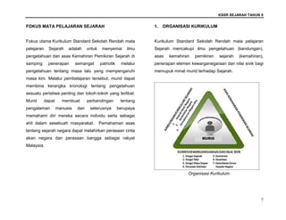 KSSR SEJARAH TAHUN 6
7
FOKUS MATA PELAJARAN SEJARAH
Fokus utama Kurikulum Standard Sekolah Rendah mata
pelajaran Sejarah adalah untuk menyemai ilmu
pengetahuan dan asas Kemahiran Pemikiran Sejarah di
samping penerapan semangat patriotik melalui
pengetahuan tentang masa lalu yang mempengaruhi
masa kini. Melalui pembelajaran tersebut, murid dapat
membina kerangka kronologi tentang pengetahuan
sesuatu peristiwa penting dan tokoh-tokoh yang terlibat.
Murid dapat membuat perbandingan tentang
pengalaman manusia dan seterusnya berupaya
memahami diri mereka secara individu serta sebagai
ahli dalam sesebuah masyarakat. Pemahaman asas
tentang sejarah negara dapat melahirkan perasaan cinta
akan negara dan perasaan bangga sebagai rakyat
Malaysia.
1. ORGANISASI KURIKULUM
Kurikulum Standard Sekolah Rendah mata pelajaran
Sejarah mencakupi ilmu pengetahuan (kandungan),
asas kemahiran pemikiran sejarah (kemahiran),
penerapan elemen kewarganegaraan dan nilai sivik bagi
memupuk minat murid terhadap Sejarah.
Organisasi Kurikulum
 