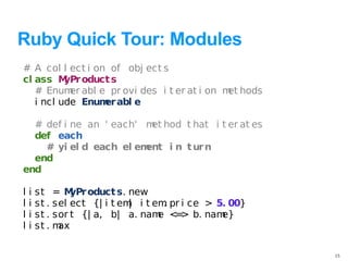 Ruby Quick Tour: Modules
# A col l ect i on of obj ect s
cl ass M oduct s
          yPr
   # Enum abl e pr ovi des i t er at i on m hods
           er                              et
   i ncl ude Enum abl e
                  er

  # def i ne an ' each' m hod t hat i t er at es
                         et
  def each
    # yi el d each el ement i n t ur n
  end
end

l   i   st = M oduct s. new
                 yPr
l   i   st . sel ect {| i t em i t em pr i ce > 5. 00}
                              |      .
l   i   st . sor t {| a, b| a. nam < > b. nam
                                    e =          e}
l   i   st . max

                                                         15
 