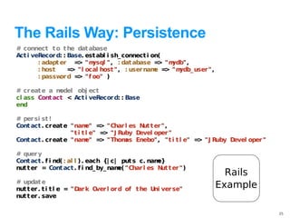 The Rails Way: Persistence
# connect t o t he dat abase
Act i veRecor d: : Base. est abl i sh_connect i on(
        : adapt er = "m
                      >    ysql ", : dat abase = "m
                                                  >  ydb",
        : host     = "l ocal host ", : user nam = "m
                    >                            e >   ydb_user ",
        : passw d = "f oo" )
                or    >

# cr eat e a model obj ect
cl ass Cont act < Act i veRecor d: : Base
end

# per si st !
Cont act . cr eat e "nam = "Char l es N t er ",
                           e" >             ut
                    "t i t l e" = "J Ruby D
                                 >         evel oper "
Cont act . cr eat e "nam = "Thom Enebo", "t i t l e" = "J Ruby D
                           e" >        as              >        evel oper "

# quer y
Cont act . f i nd( : al l ) . each {| c| put s c. name}
nut t er = Cont act . f i nd_by_ nam "Char l es N t er ")
                                        e(            ut
                                                                       Rails
# updat e
nut t er . t i t l e = "D k O
                         ar  ver l ord of t he U ver se"
                                                ni
                                                                     Example
nut t er . save

                                                                               25
 